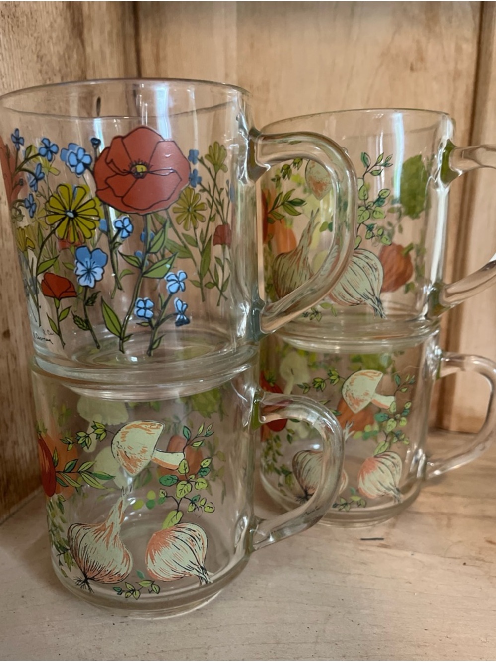Set 4 1970’s R. Carman by Arcoroc France Wildflower spice of life Glass Mugs